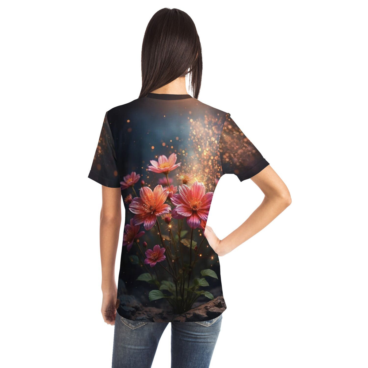 T-Shirt mit Flower Sparkle Motiv, inspiriert von Diamond Painting Ästhetik und leuchtenden Blüten für kreative Kunstfans