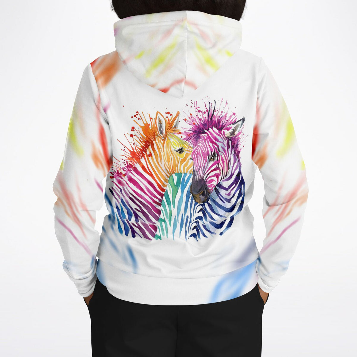 Weißer Hoodie mit buntem Zebra-Aquarell Design im Stil moderner Malen nach Zahlen Kunstwerke