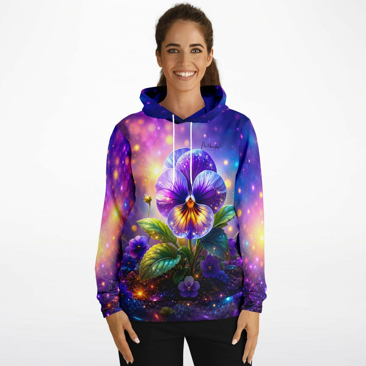 Dreamer Hoodie Sternenveilchen mit lila Stiefmütterchen-Print im Galaxie-Design für Fans von Diamond Painting und Kunst