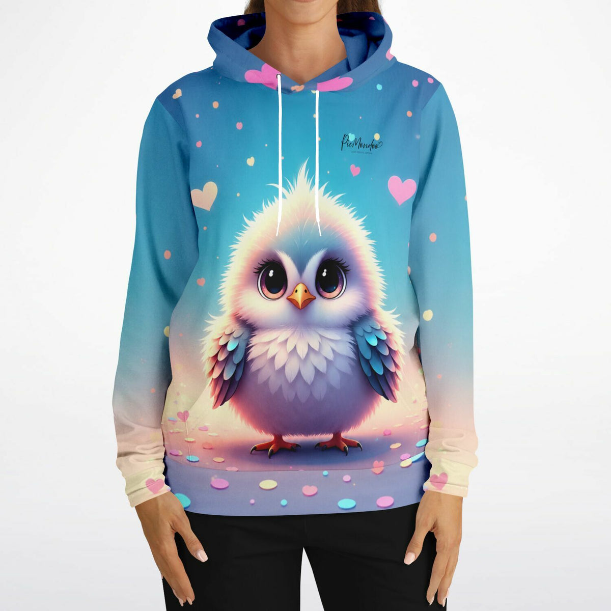 Dreamer Hoodie von Picmondoo mit niedlichem Küken-Motiv, blauer Farbverlauf und Herz-Design für Kreativ-Fans