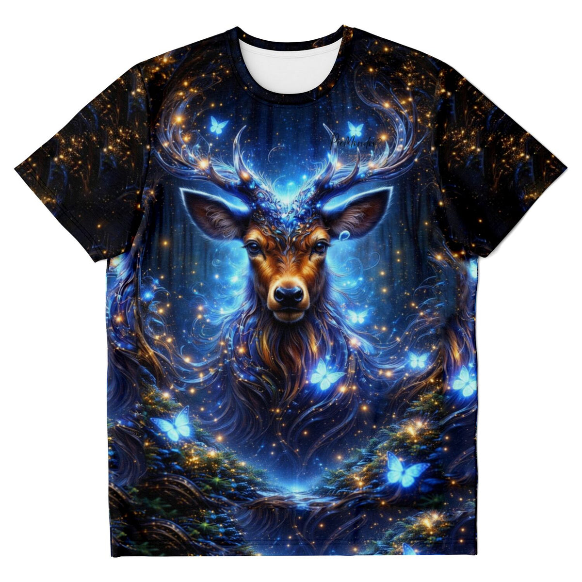 T-Shirt Dreamer Wächter des Waldes mit mystischem Hirsch-Motiv, leuchtenden Schmetterlingen und magischem Wald-Design.