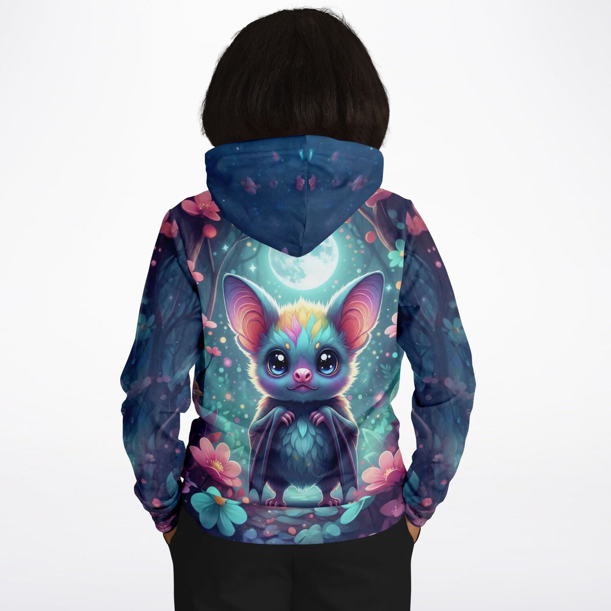 Dreamer Hoodie mit Freddy Fledermaus Motiv, inspiriert von Diamond Painting Kunst in bunten Farben mit Wald-Hintergrund