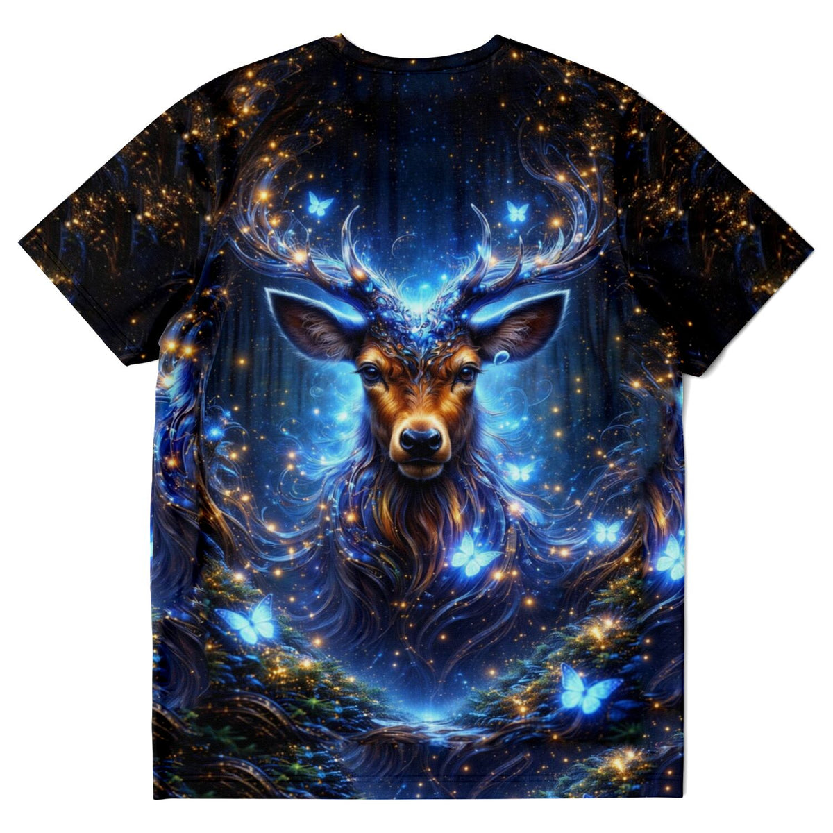 Dreamer T-Shirt Wächter des Waldes mit mystischem Hirsch Motiv, leuchtenden Schmetterlingen und magischem Wald-Design.