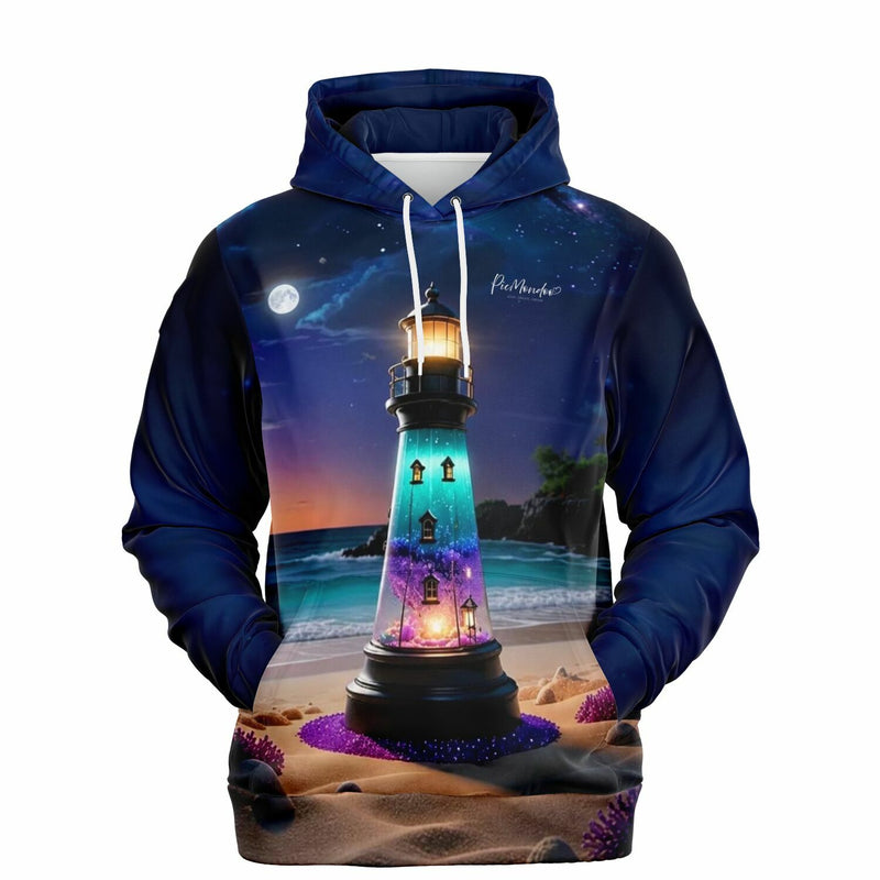 Dreamer Hoodie Leuchtturm der Träume mit magischem Nachtmotiv am Strand, passend zum Diamond Painting Kunststil.
