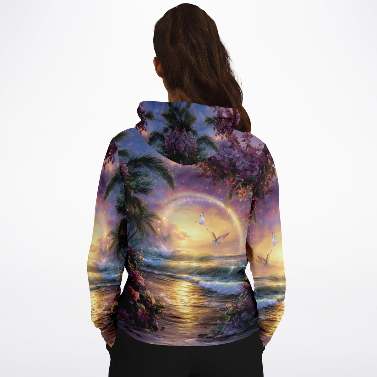 Dreamer Hoodie mit traumhaftem Meer-Motiv, Palmen, Regenbogen und Schmetterlingen im All-Over-Print Design für Kunstfans