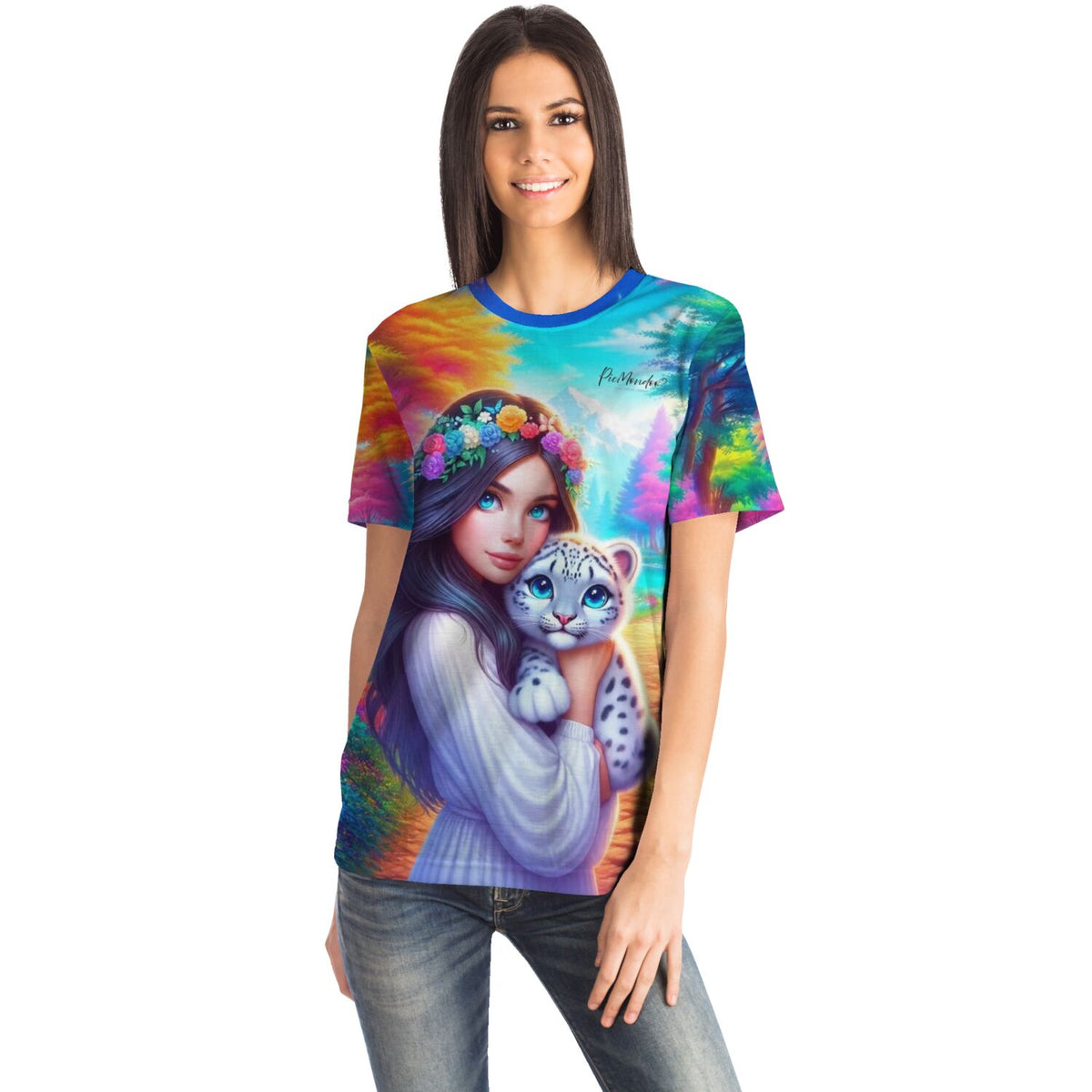 Frau trägt Dreamer T-Shirt mit buntem Motiv aus Malen nach Zahlen oder Diamond Painting Kollektion Amiras Paradies