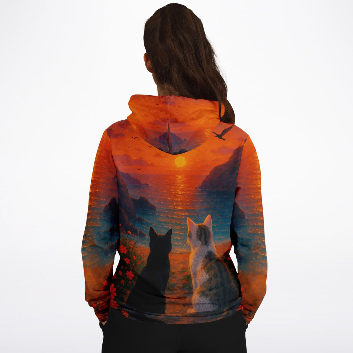 Hoodie mit Katzen-Motiv in orangefarbenem Sonnenuntergang, passend für Fans von Malen nach Zahlen und Diamond Painting