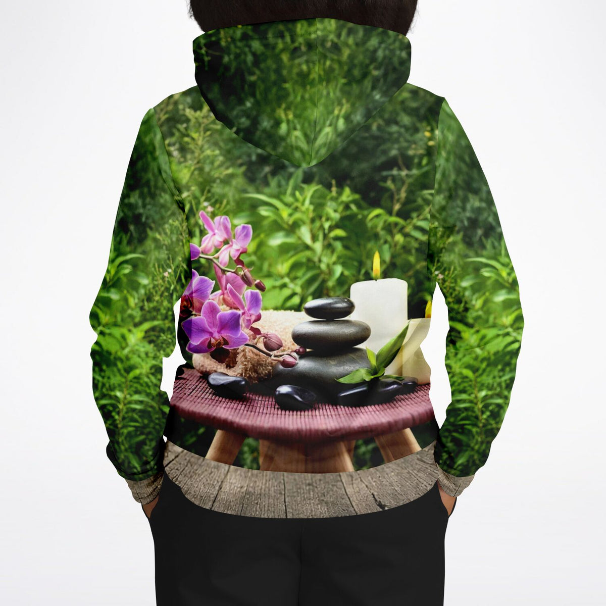 Dreamer Hoodie mit Wellness-Motiv: Orchidee, Zen-Steine und Kerze, ideal als Entspannungsmotiv für Diamond Painting Fans.