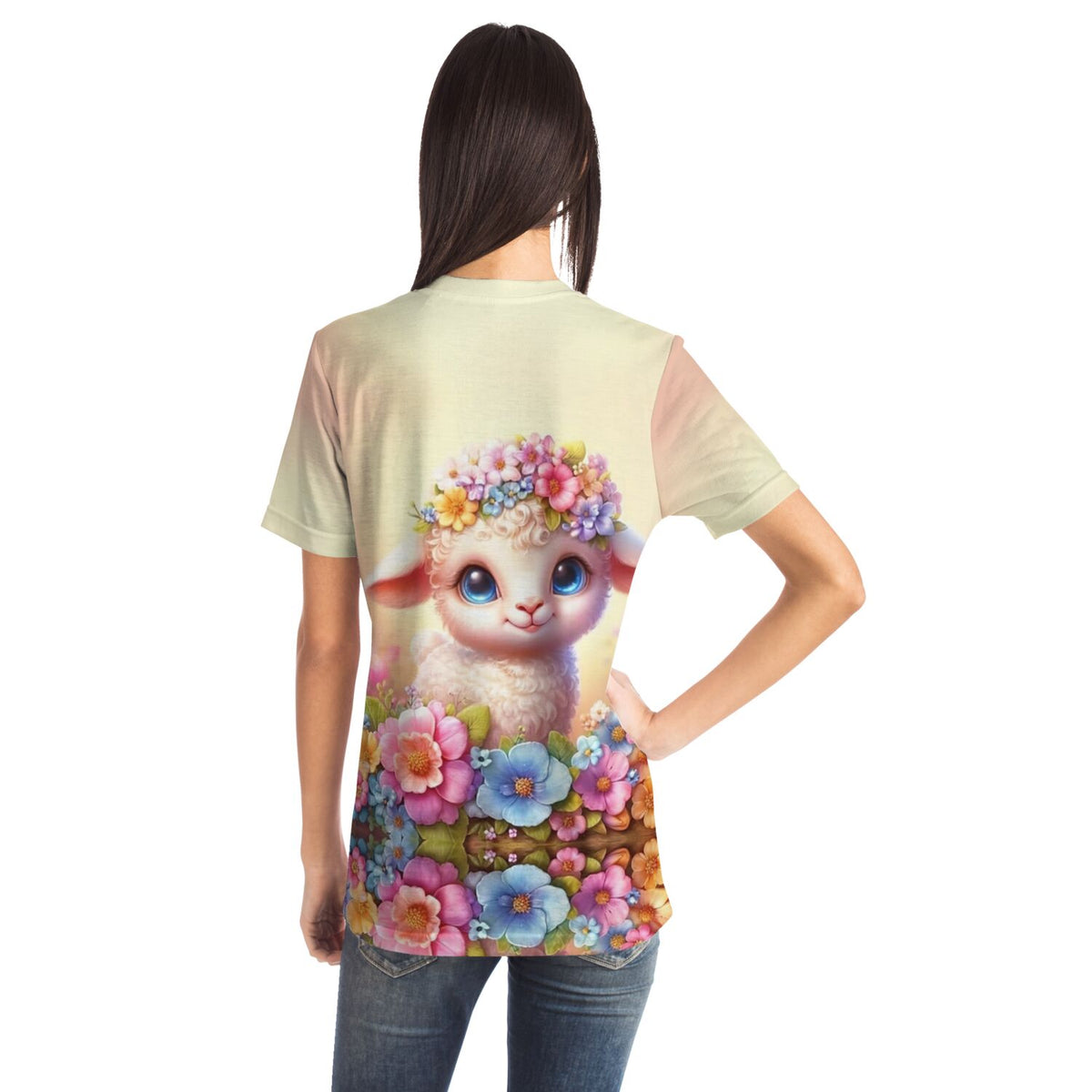Frau trägt T-Shirt mit Osterlämmchen Motiv, ideal für Fans von Malen nach Zahlen und Diamond Painting Designs.