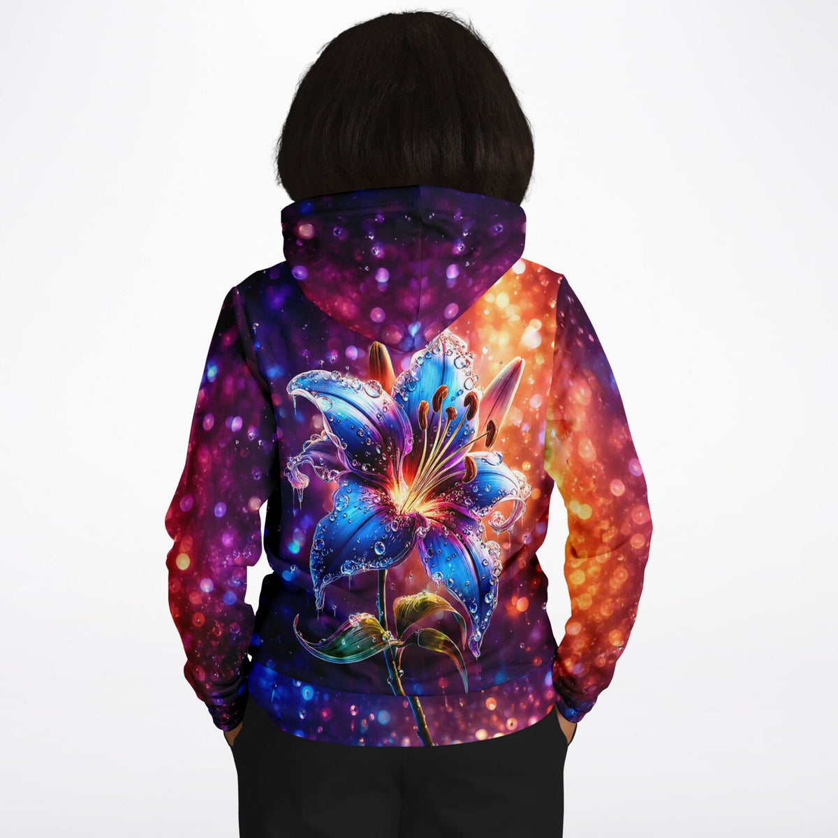 {
  "alt_text": "Dreamer Hoodie Regenlied mit leuchtender Lilie, ideal für Fans von Diamond Painting und kreativen Malen nach