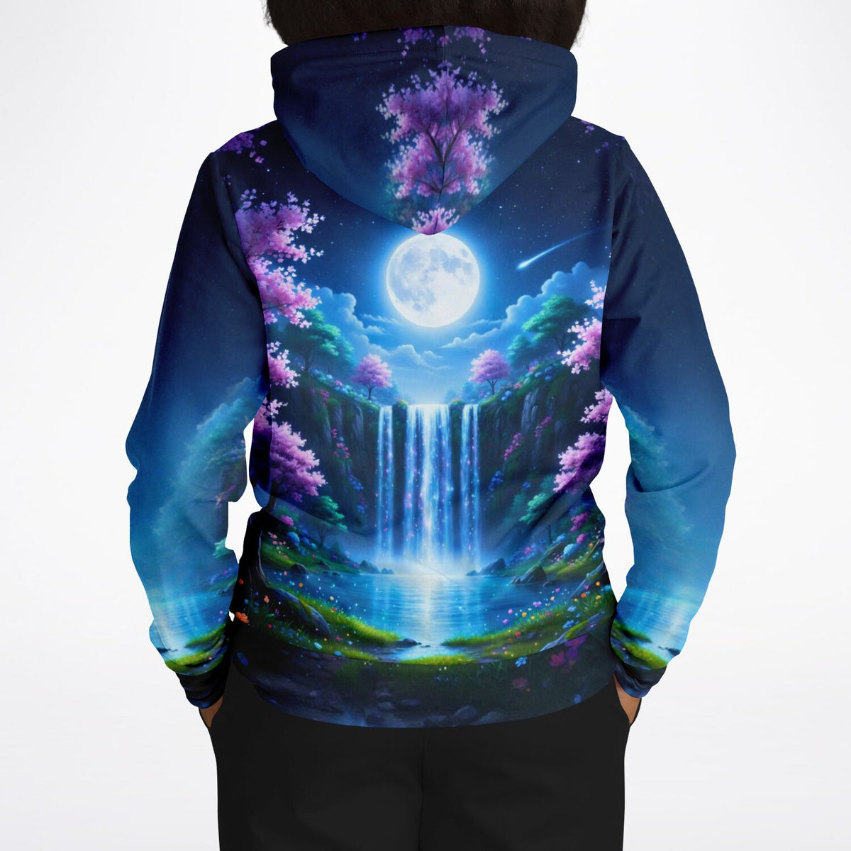 Dreamer Hoodie mit Nachtlandschaft, Wasserfall und Vollmond im Stil von inspirierendem Malen nach Zahlen Design