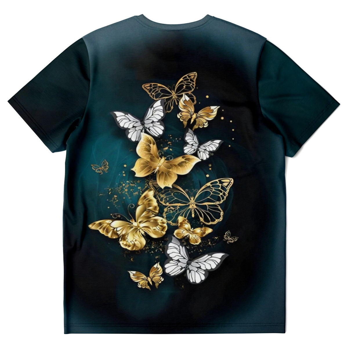 Dunkelblaues T-Shirt mit goldenen und weißen Schmetterlingen im Stil unserer beliebten Diamond Painting Motive
