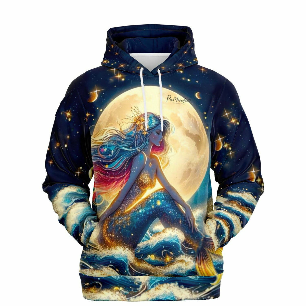Dreamer Hoodie mit Meerjungfrau-Motiv vor Mondnacht, passend zu künstlerischen Diamond Painting Designs von Picmondoo.