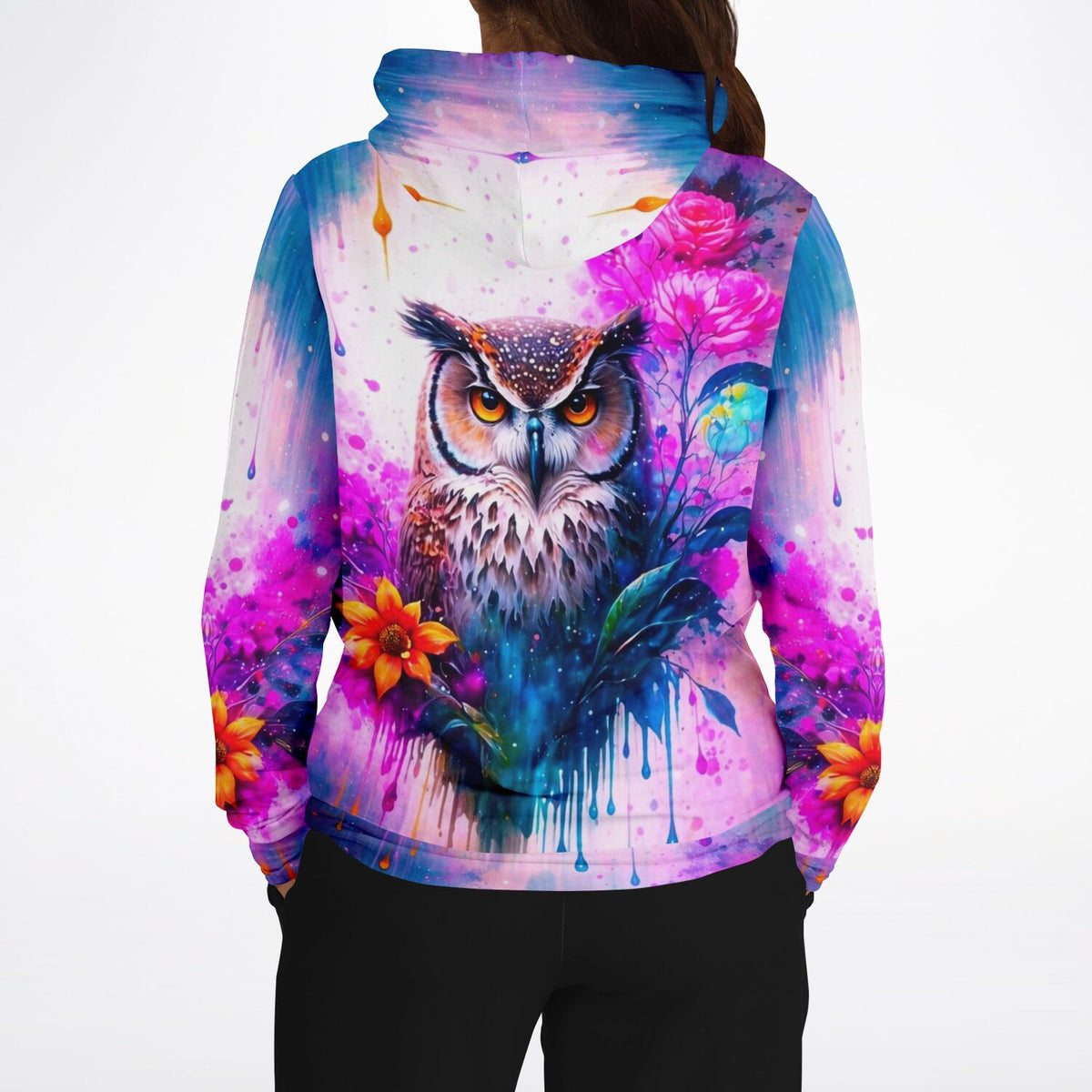 Hoodie mit buntem Eulen-Motiv im Aquarell-Stil, inspiriert von Malen nach Zahlen und Diamond Painting Kunst