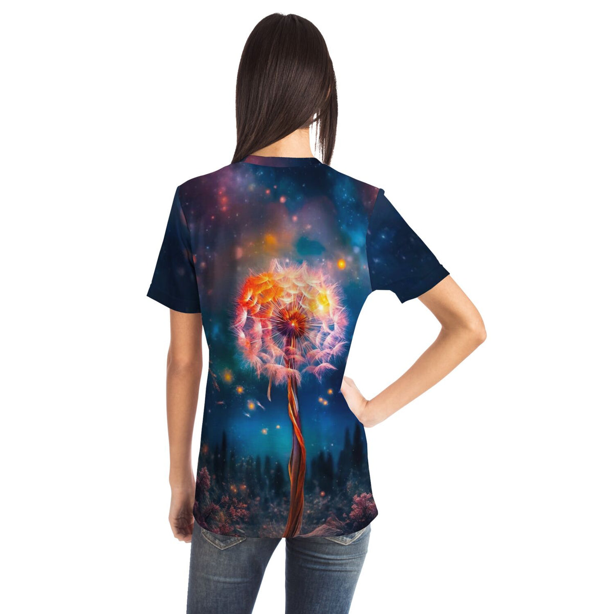 Frau trägt T-Shirt mit leuchtendem Pusteblumen-Motiv, inspiriert von Diamond Painting und Malen nach Zahlen Designs