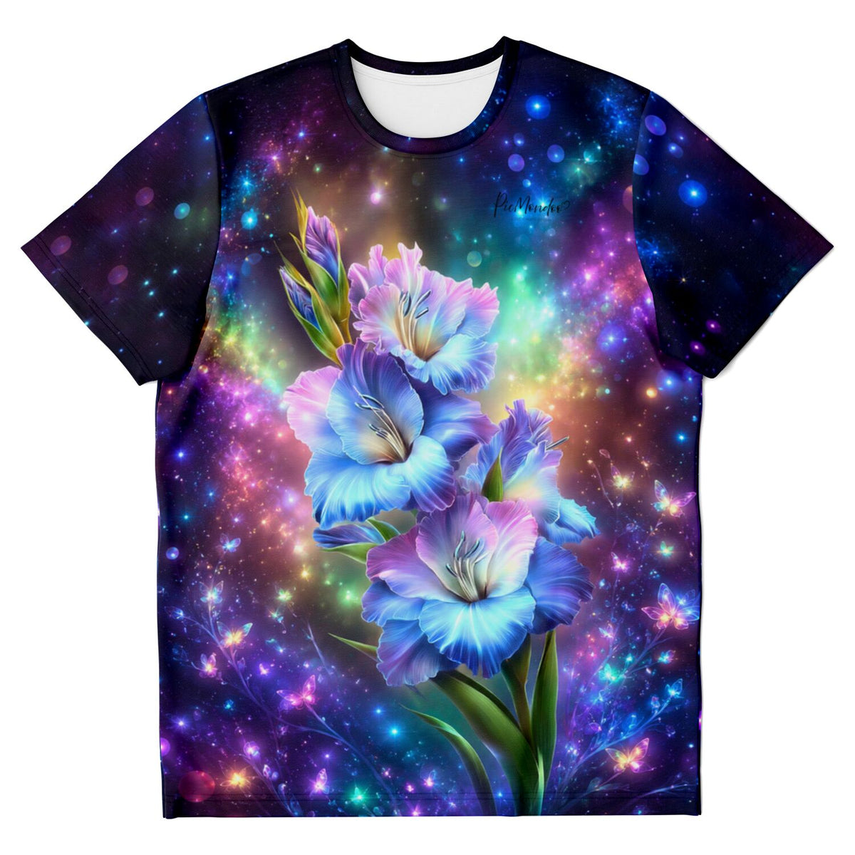 T-Shirt mit buntem Blumen-Motiv im Stil von Diamond Painting, schillernde Blüten vor galaktischem Hintergrund für DIY-Fans