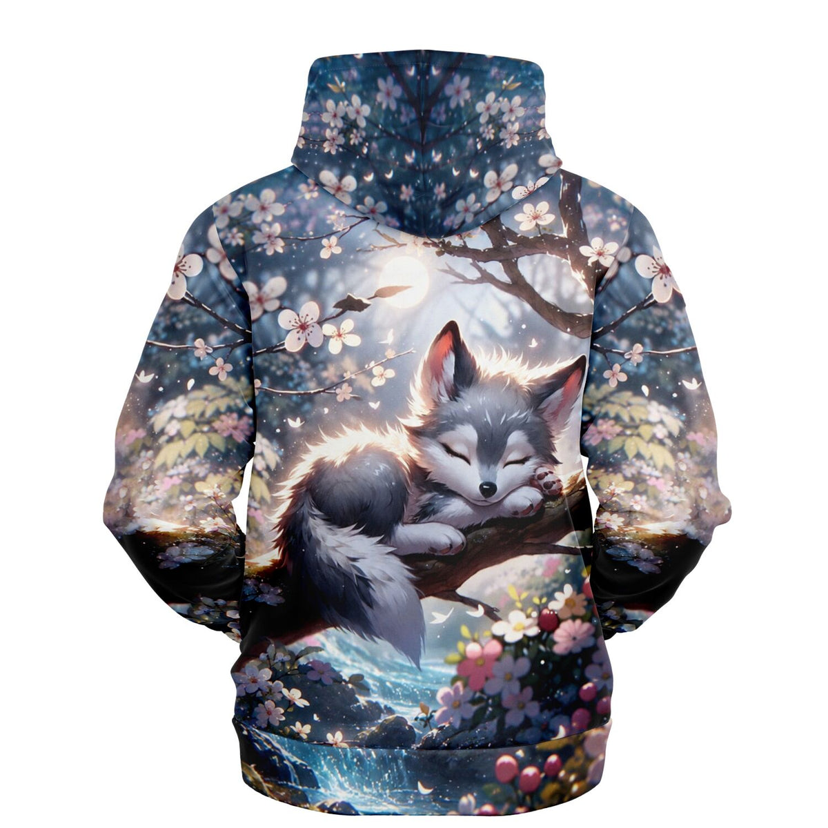 Dreamer Hoodie Yukis Frühling mit schlafendem Wolf im Kirschblütenbaum, optimal für Fans von Diamond Painting und Kunst