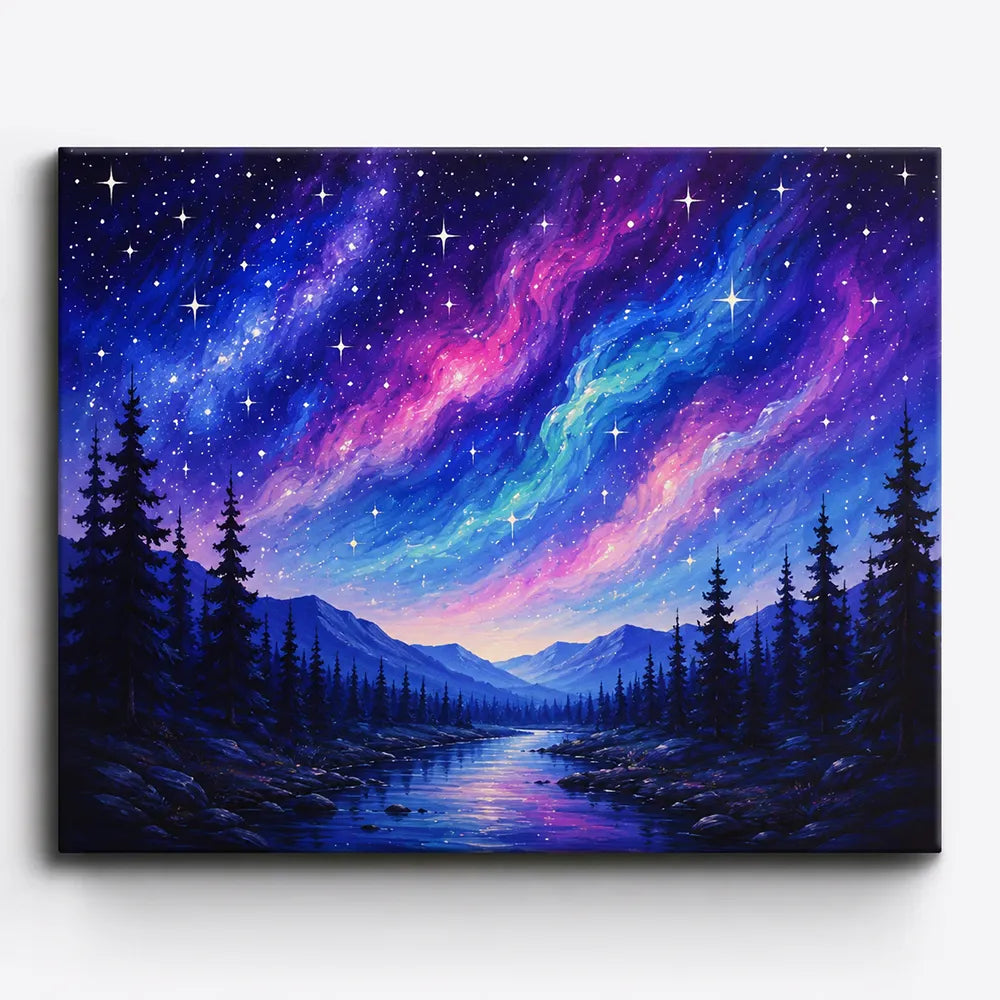 Malen nach Zahlen für Erwachsene Motiv mit Sternenhimmel, bunten Nebeln und Berglandschaft über einem Fluss