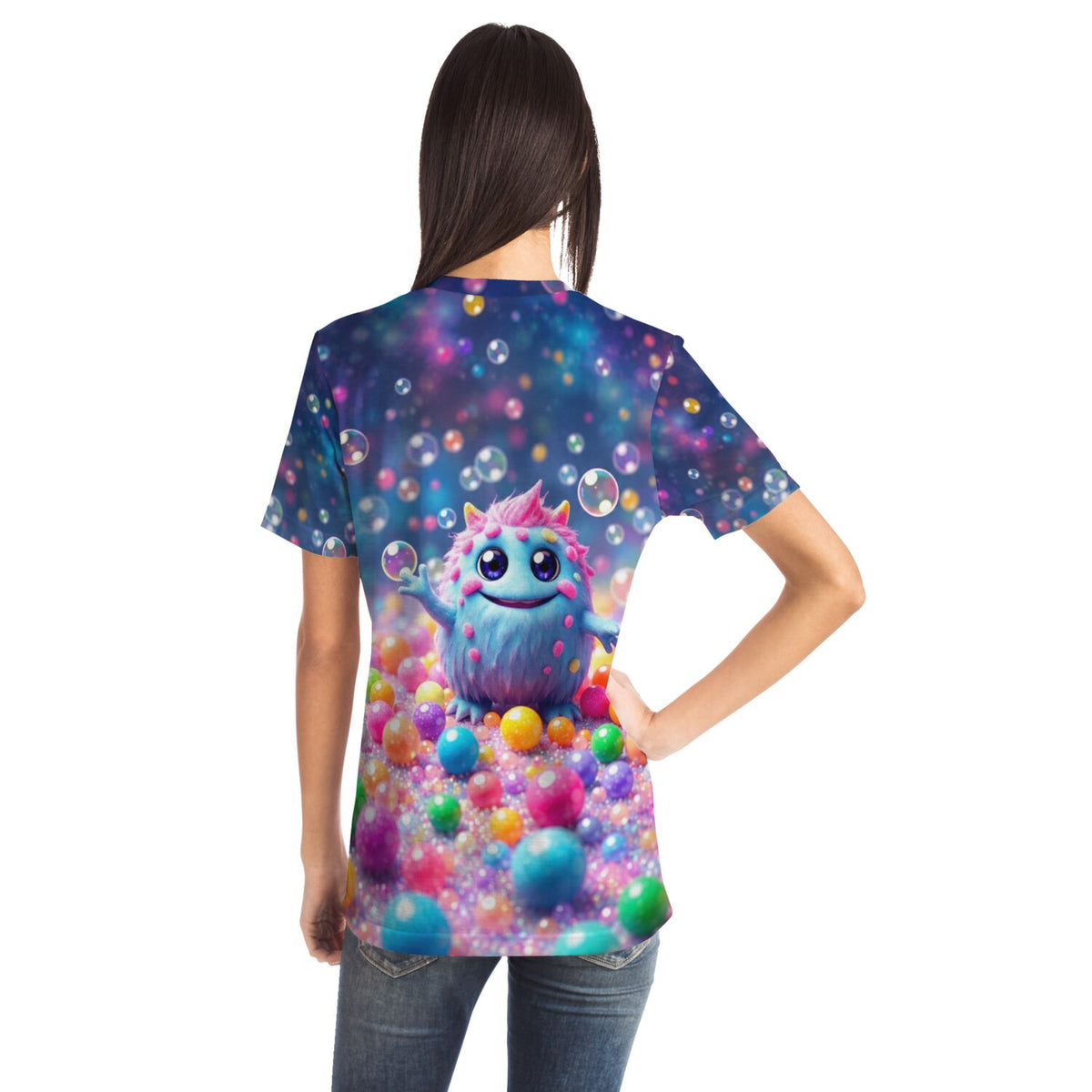 Dreamer T-Shirt mit Muffti-Motiv: Ein blaues flauschiges Wesen umgeben von bunten Bällen im Stil von Diamond Painting