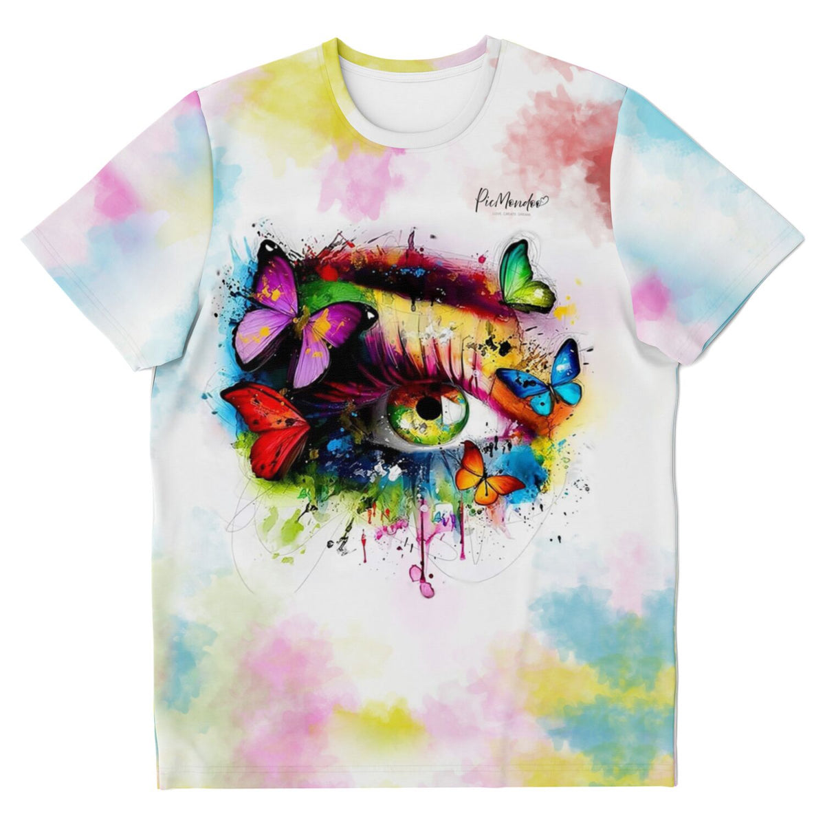 Weißes T-Shirt mit Eye of Butterflies Aquarell-Motiv, kunstvolles Design im Stil von Diamond Painting und Malen nach Zahlen