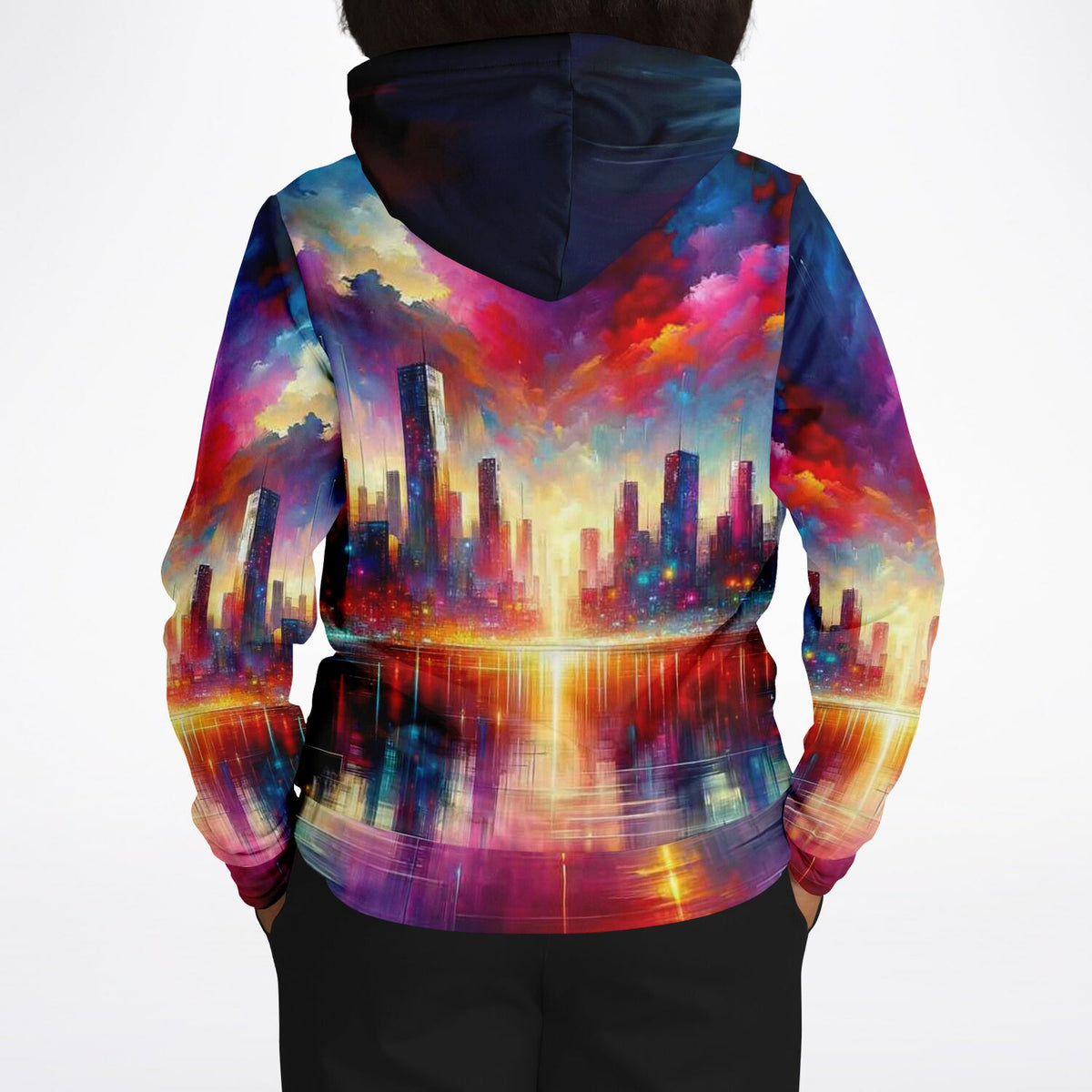 Dreamer Hoodie mit abstrakter Skyline, farbenfrohem Wolkenhimmel und Reflexionen, künstlerisches AOP-Design
