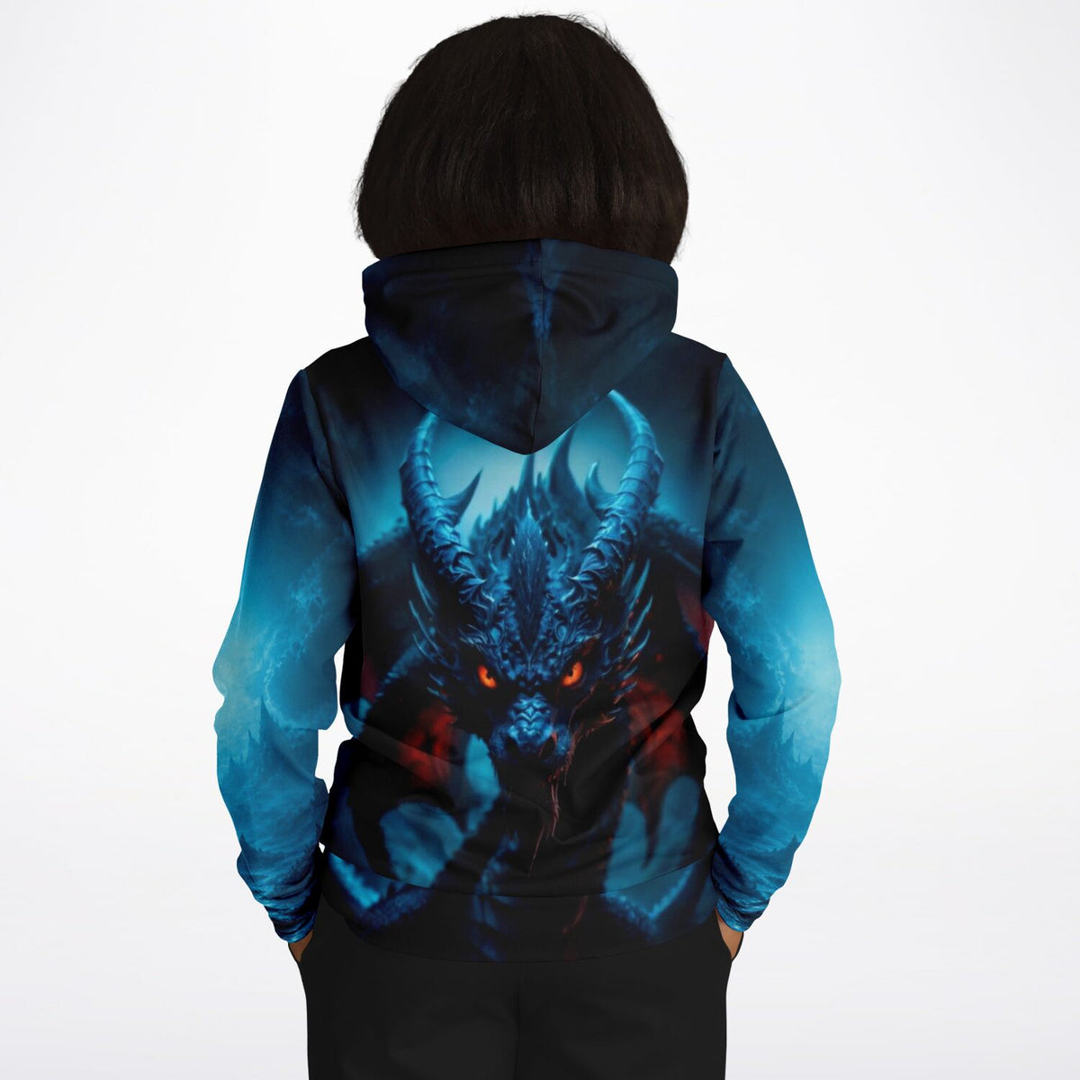 Schwarzer Hoodie mit detailliertem blauen Drachen-Print und leuchtend roten Augen für Fantasy- und DIY-Fans