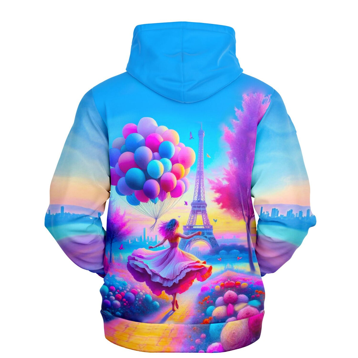 Dreamer Hoodie mit farbenfrohem Paris-Motiv, Eiffelturm und Luftballons im Stil von Malen nach Zahlen für Erwachsene