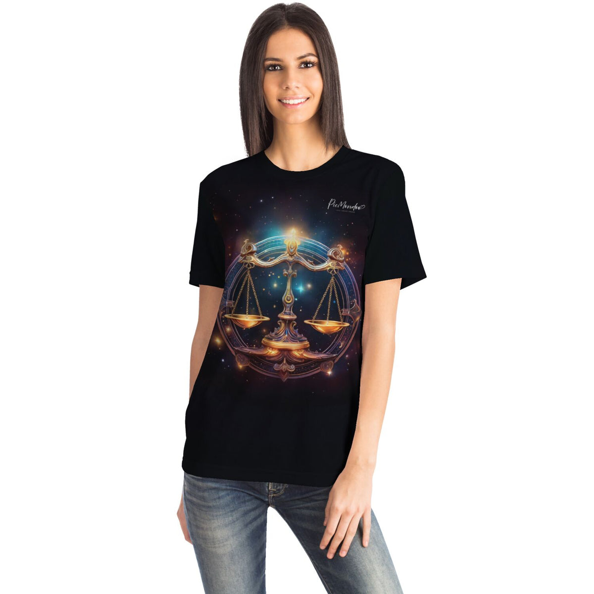Schwarzes T-Shirt mit Sternzeichen Waage Motiv im künstlerischen Stil für Fans von Malen nach Zahlen und Kunst