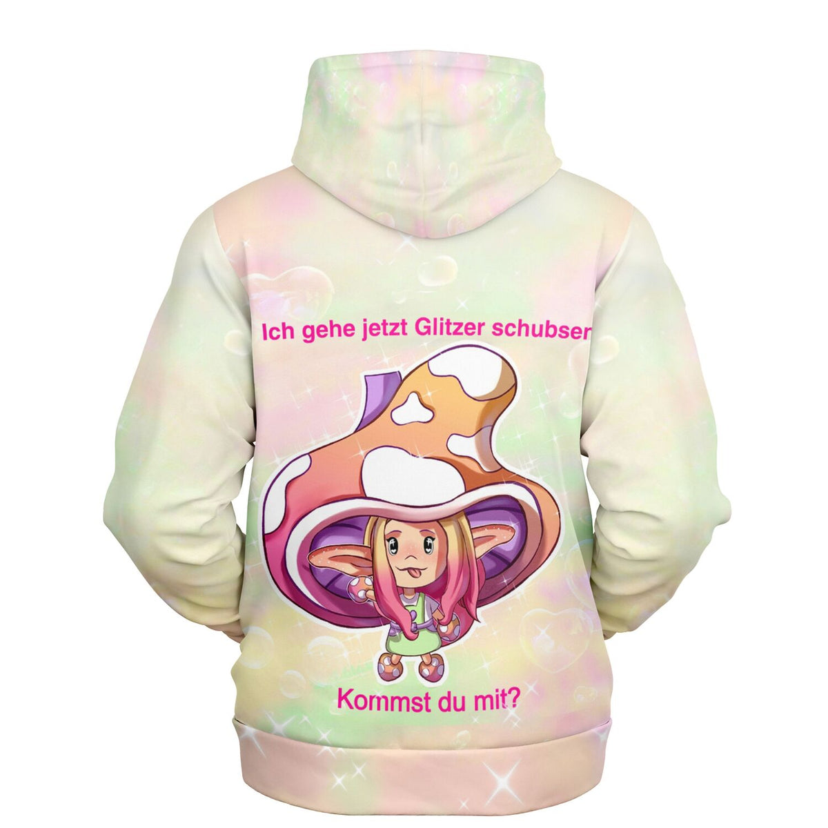 Dreamer Hoodie Moni Shroomi mit Pilz-Motiv, Glitzer-Design und Schriftzug in Pastellfarben für Diamond Painting Fans