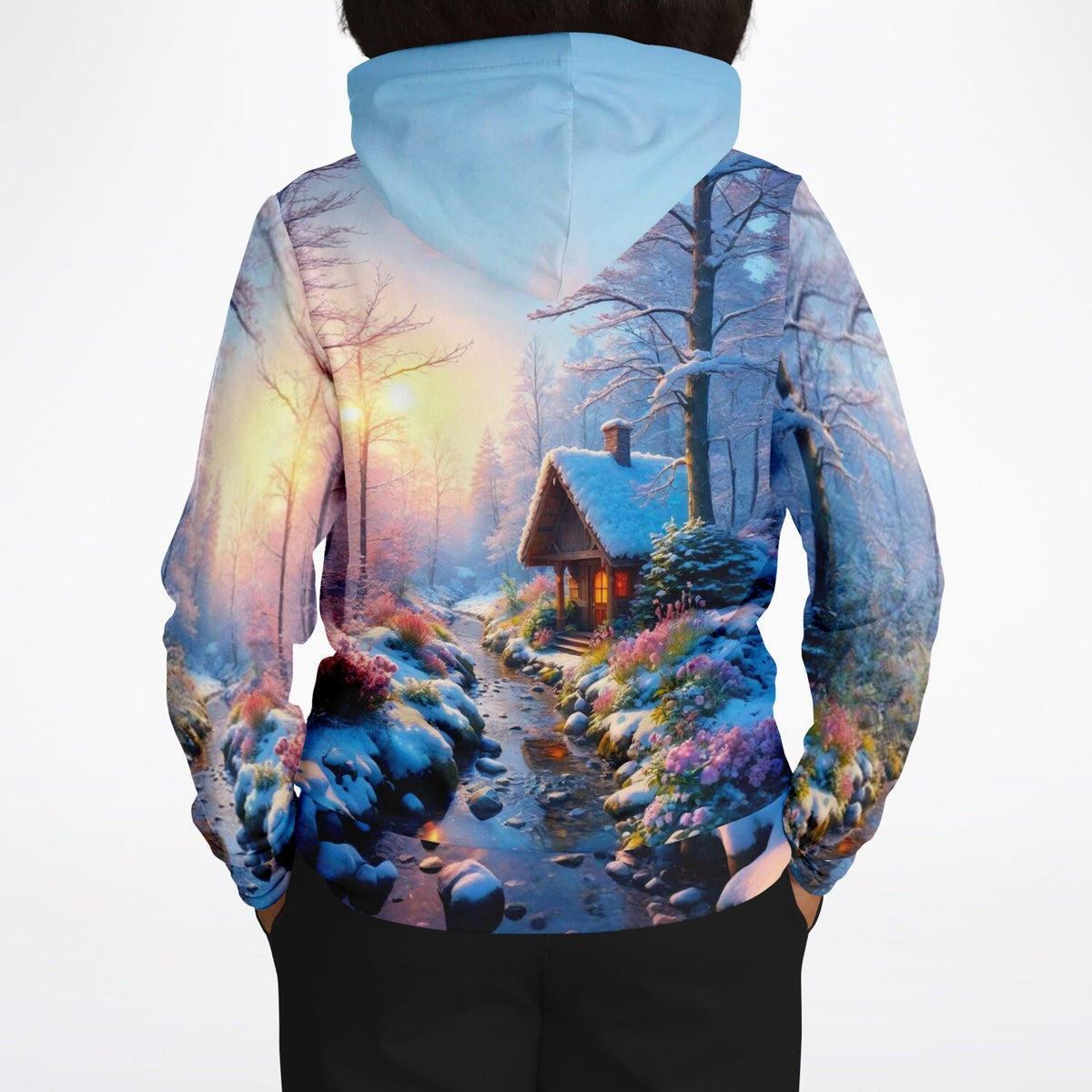 Dreamer Hoodie Wintermorgen mit verschneiter Waldhaus-Szene, ideal für Diamond Painting und Malen nach Zahlen Fans