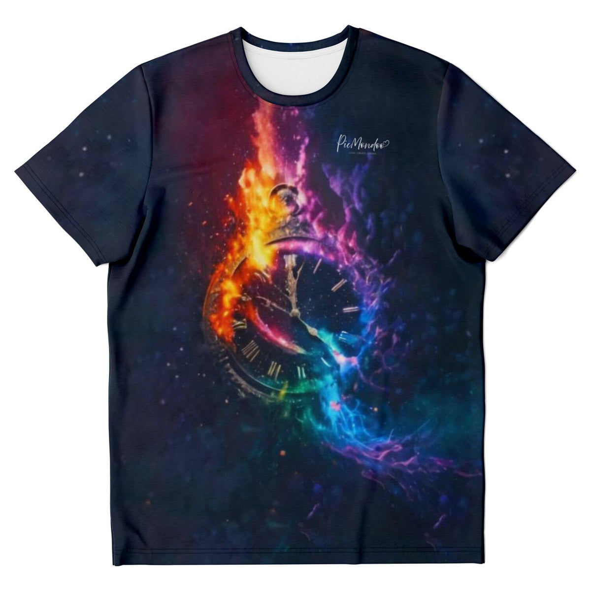 Schwarzes Dreamer T-Shirt mit bunter Taschenuhr im Feuer- und Wasser-Design für Fans von Diamond Painting und Kunst