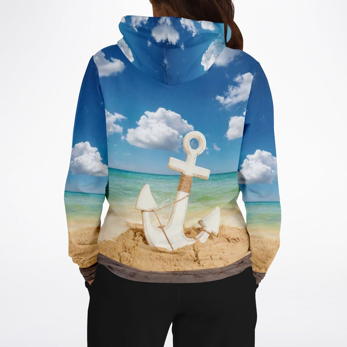 Dreamer Hoodie mit Anker im Sand und blauem Himmel in maritime Design, perfekt für Fans von Diamond Painting Sets