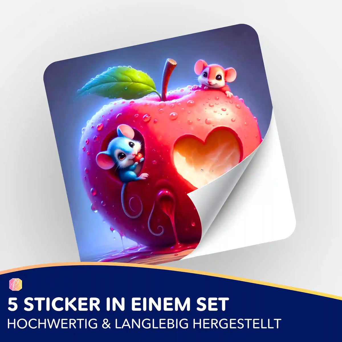 5er Aufkleber-Set Liebe im Mäusehaus für Diamond Painting Zubehör mit Motiv süßer Mäuse und rotem Herz-Apfel