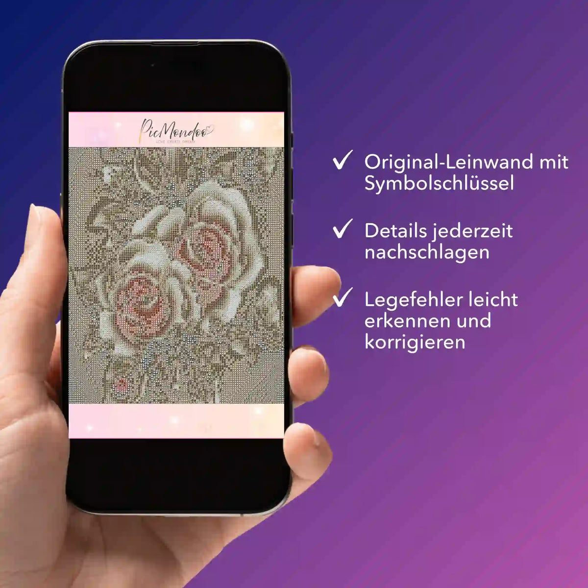 Digitale Bildmappe auf Smartphone mit goldenem Rosen Diamond Painting Design für präzises Malen nach Zahlen und Basteln