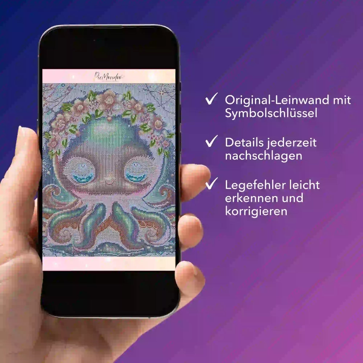 Digitale Diamond Painting Bildmappe auf Smartphone anschaubar für das Motiv Tinty mit Symbolschlüssel für einfache Korrektur