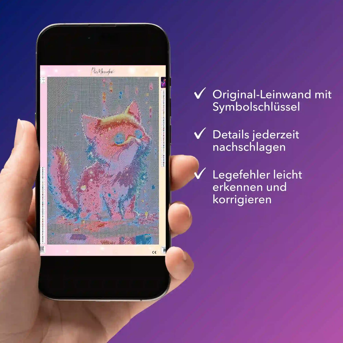 Digitale Diamond Painting Vorlage als PDF für das Motiv Zuckerkätzchen auf dem Smartphone zur einfachen Fehlerkontrolle.