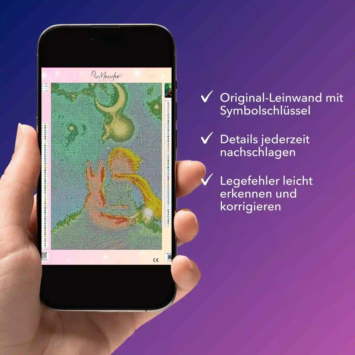 Digitale Diamond Painting Bildmappe als PDF auf Smartphone für die einfache Kontrolle von Symbolschlüssel und Details.
