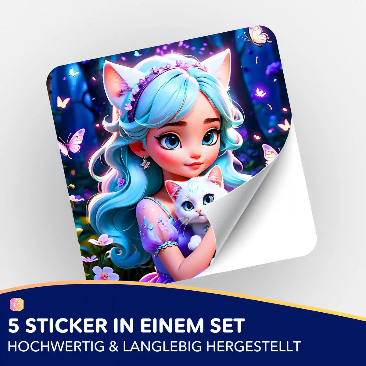 Kim Kitty Girl Aufkleber-Set für Diamond Painting Fans mit blauhaarigem Mädchen und weißer Katze