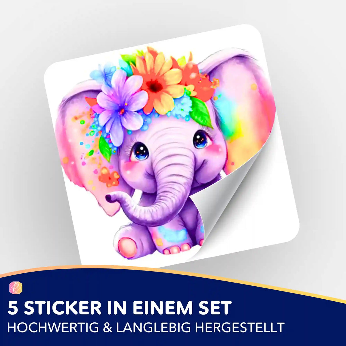 Buntes 5er-Sticker-Set vom kleinen Blumenelefant zur Organisation von Diamond Painting und Malen nach Zahlen Projekten
