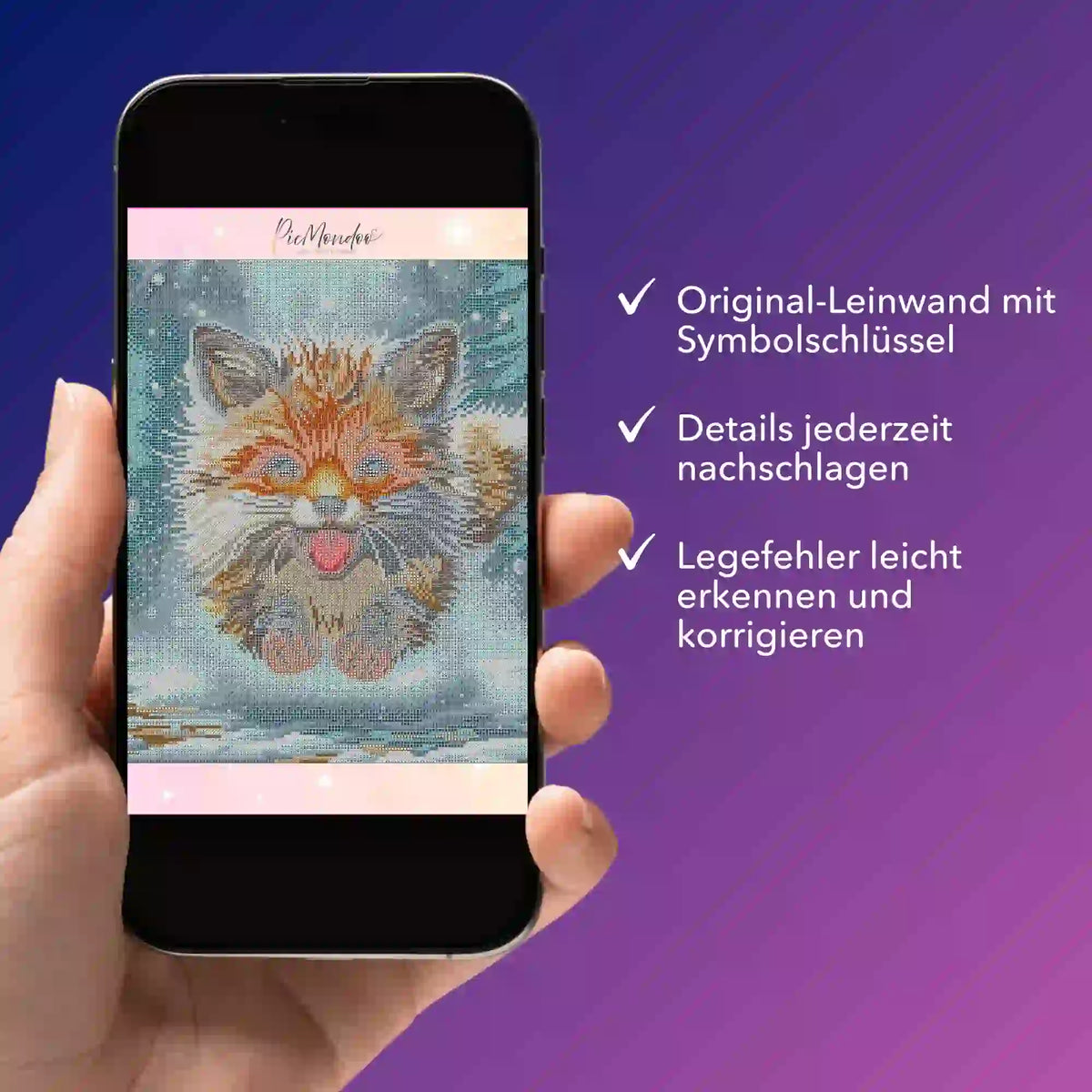 Digitale Diamond Painting Bildmappe als PDF für das Motiv kleiner Fuchs im Winterwald auf einem Smartphone