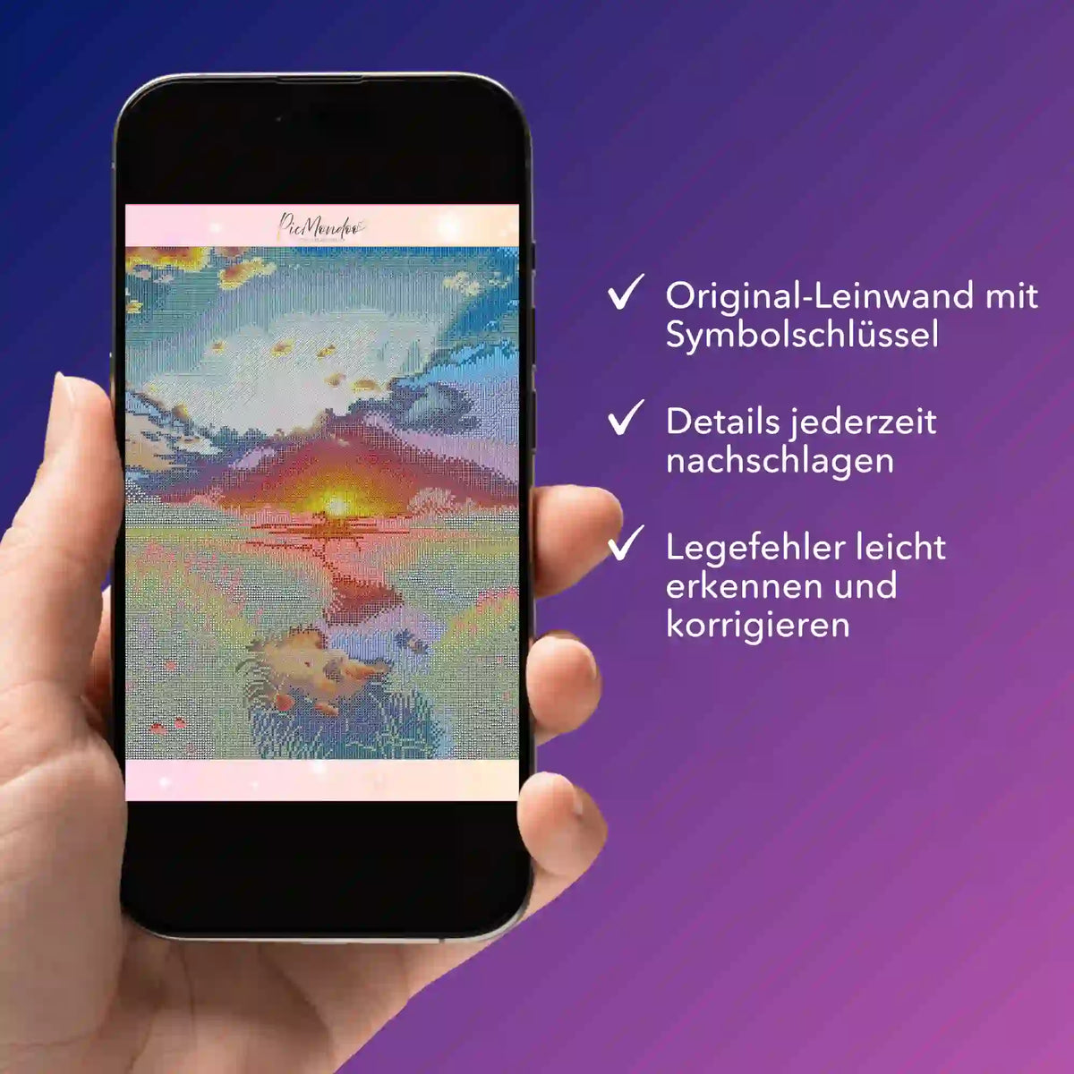 Digitale Bildmappe für Diamond Painting 'Morgenrot' auf Smartphone zur Kontrolle von Symbolschlüssel und Motivdetails.
