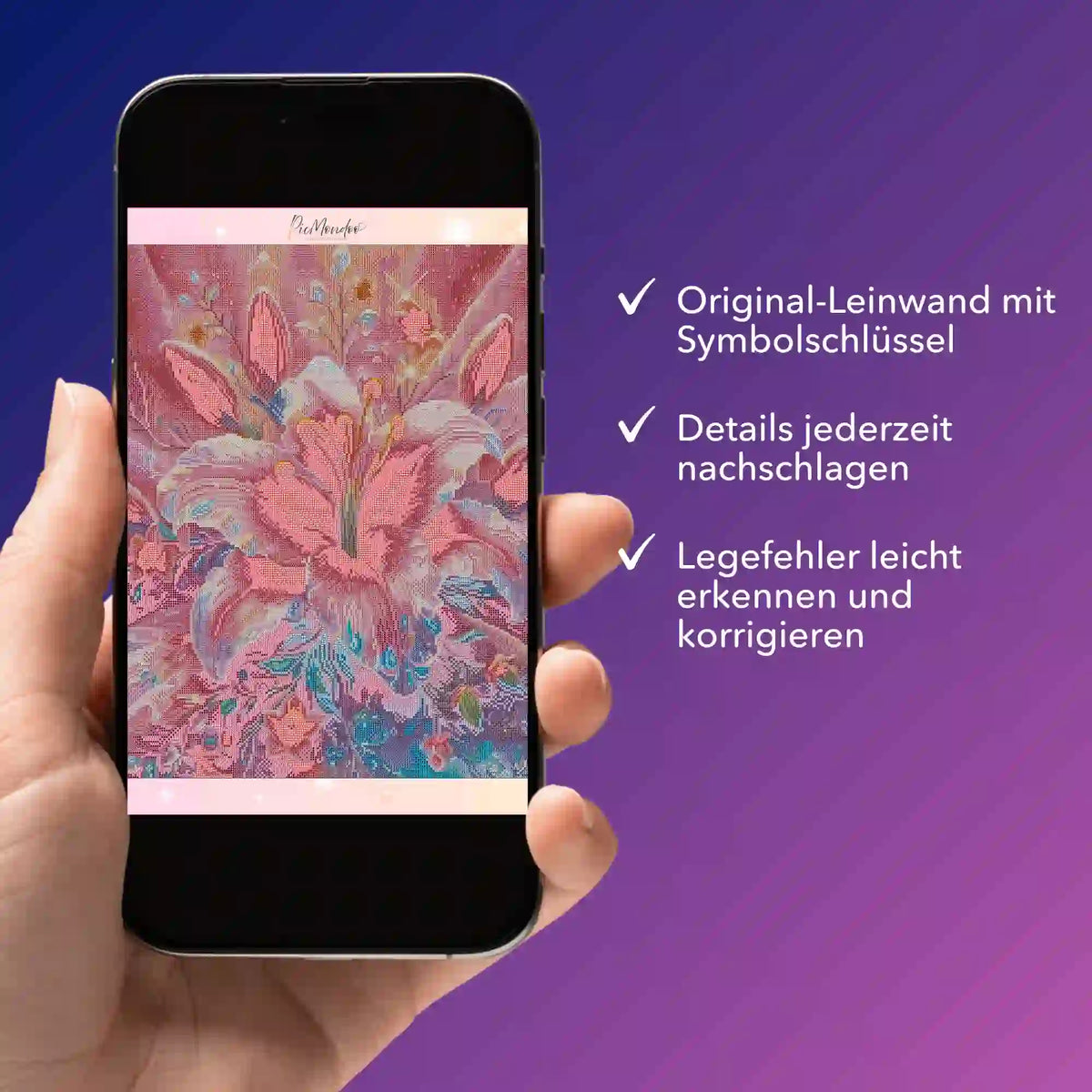 Digitale Diamond Painting Bildmappe als PDF auf Smartphone mit Motiv zarte Lilie in Rosé für einfache Fehlerkorrektur