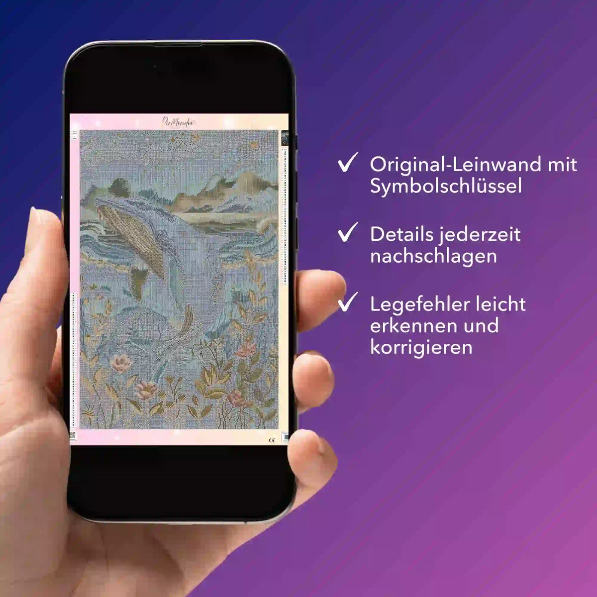 Digitale Diamond Painting Bildmappe als PDF auf Smartphone mit Motiv Susen Pfifferling Meeresträume inkl. Symbolschlüssel.
