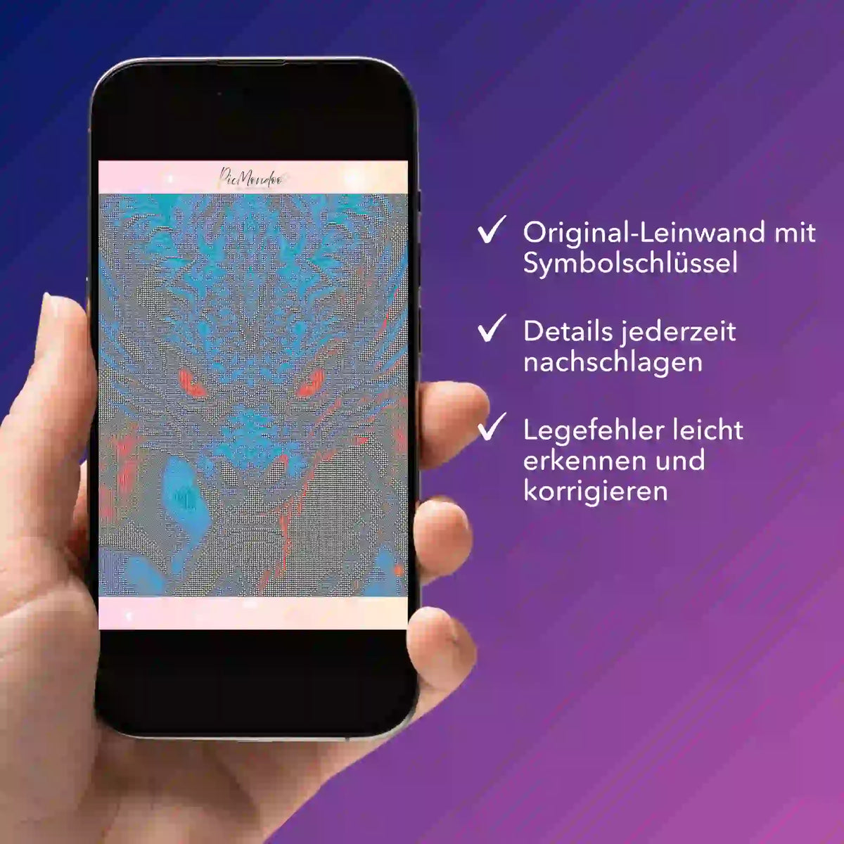 Digitale Diamond Painting Bildmappe als PDF auf einem Smartphone mit Drachenmotiv und Symbolschlüssel zur Fehlerkontrolle.