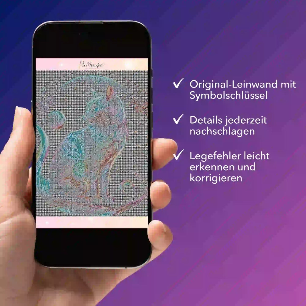 Digitale Diamond Painting Bildmappe Cat on the Moon auf Smartphone-Bildschirm für einfaches Musterschlüsseleinsehen