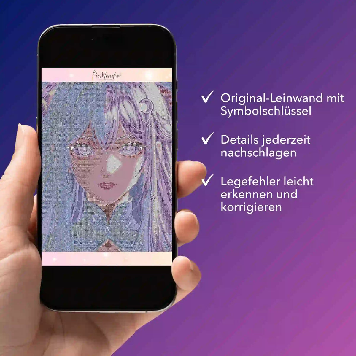 Digitale Diamond Painting Bildmappe Purple Moon Star für einfache Symbolexkontrolle und Fehlerkorrektur am Smartphone