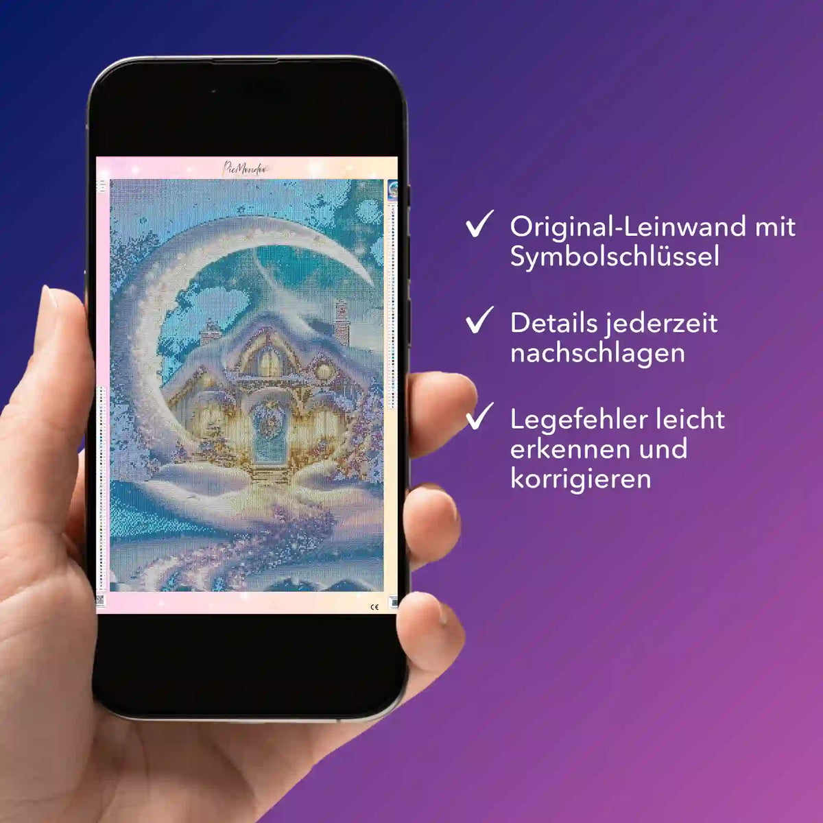Digitale Diamond Painting Bildmappe Moon and Snow auf einem Smartphone für leichtes Nachschlagen von Symbolen