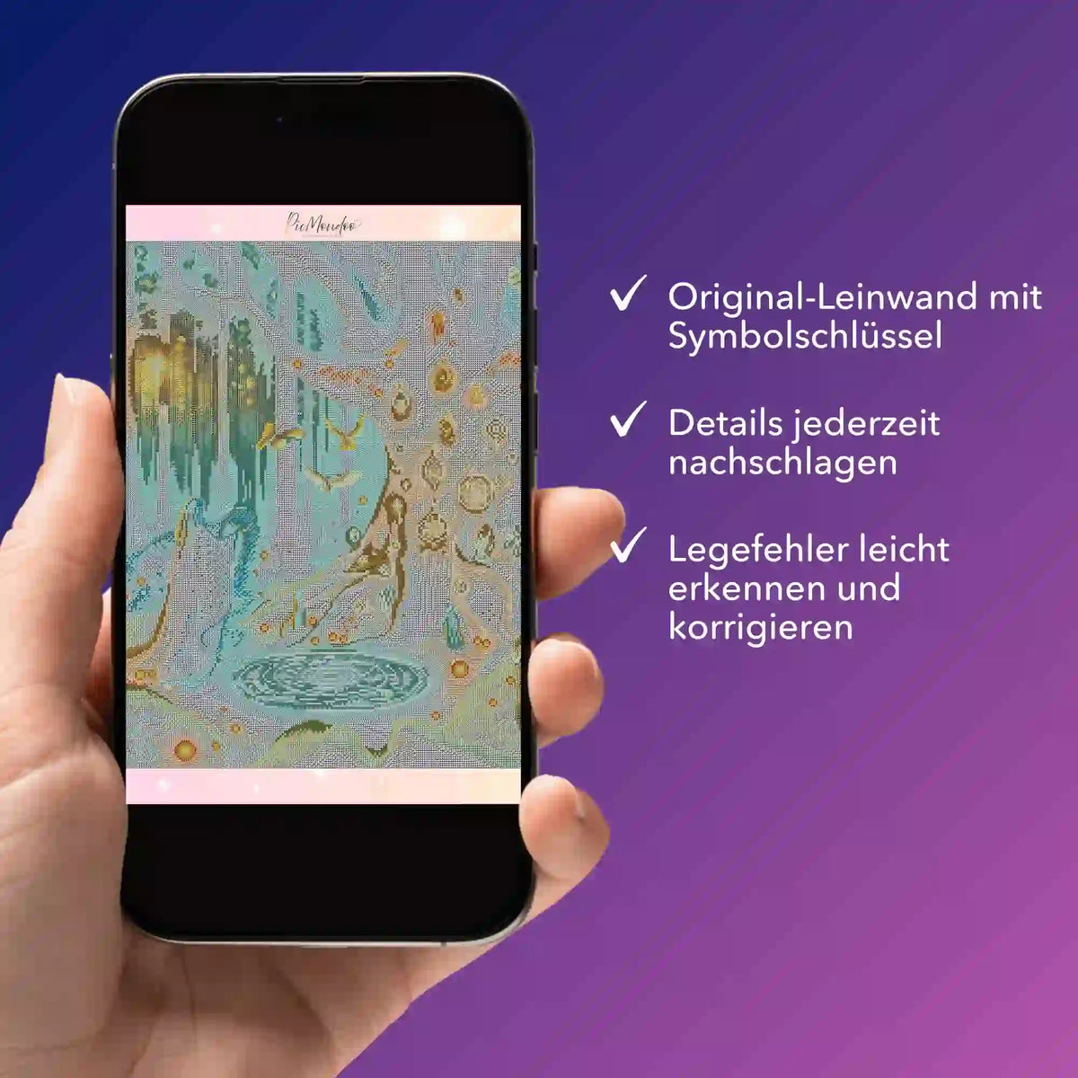 Digitale Diamond Painting Bildmappe auf Smartphone zur Kontrolle der Leinwand-Details für dein nächstes DIY-Projekt