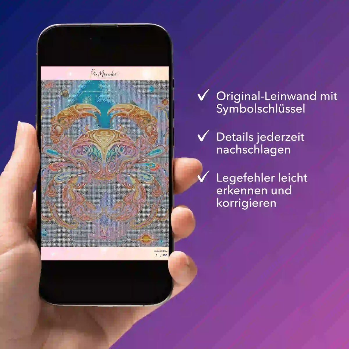 Digitale Diamond Painting Vorlage als PDF für das Motiv Sternzeichen Krebs auf einem Smartphone angezeigt.