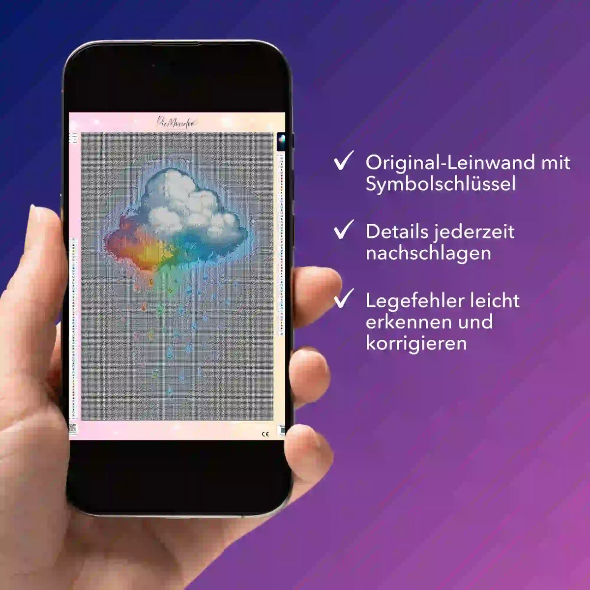 Digitale Diamond Painting Bildmappe als PDF auf Smartphone mit Regenbogenwolken-Motiv zur Hilfe beim Basteln